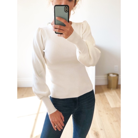 DENMARK White Puff Sleeve Fitted Ribbed Sweater - Picture 2 of 10